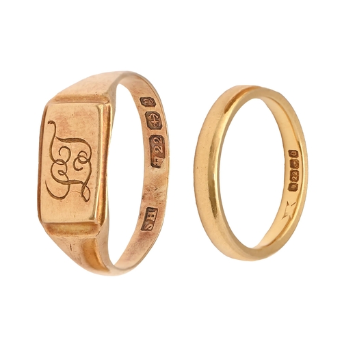 38 - Two 22ct gold wedding rings, one adapted as a signet ring, 7g, size G, Q