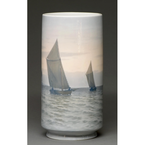 412 - A Royal Copenhagen cylindrical vase, 1913-1931, painted by H Henrichsen, with a continuous seascape ... 