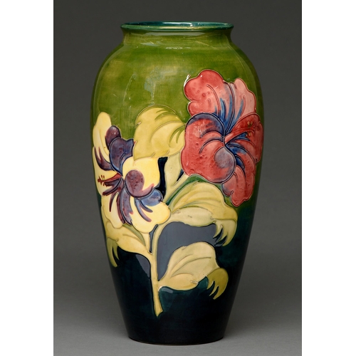 414 - A Moorcroft Hibiscus vase, 1970s, 32cm h, impressed marks and painted signature