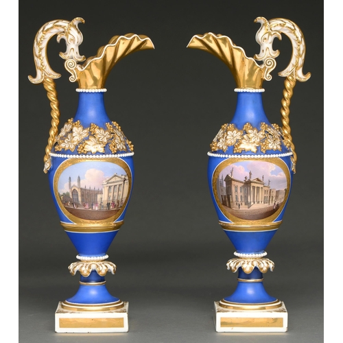 447 - A pair of Chamberlain-Worcester dolphin handled ewers, c1825-1835, finely painted with Oxford or Cam... 