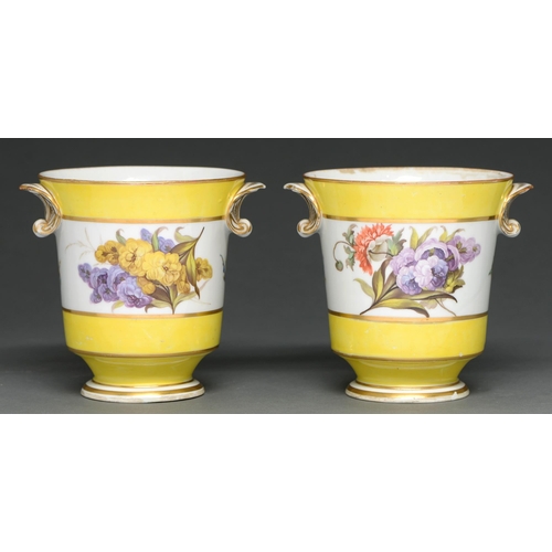 448 - A pair of Derby yellow ground vases, c1795 of flared cylindrical shape with gilt shell handles, pain... 