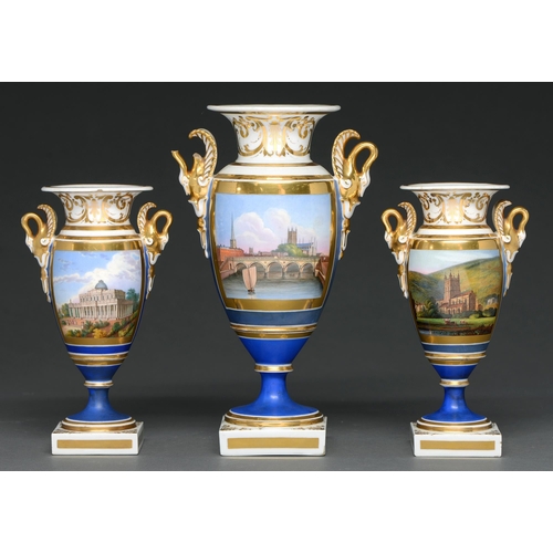 449 - A Chamberlain’s Worcester garniture of three Empire style vases, c1825, with gilt swan handles, pain... 