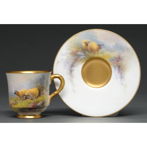 450 - A Royal Worcester coffee cup and saucer, 1917, painted by Jas Stinton, signed, with sheep on a misty... 