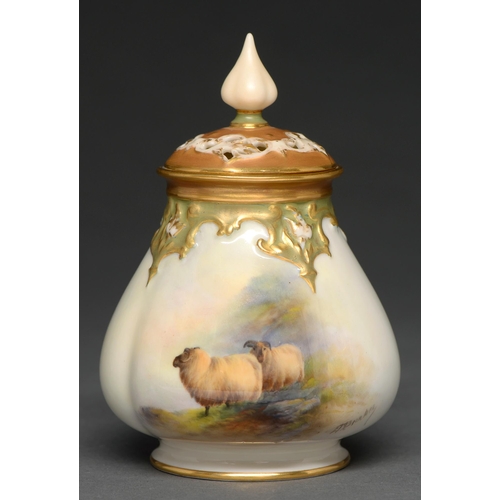 451 - A Royal Worcester pot pourri vase and cover, 1921, painted by E Barker, signed, with sheep, 13cm h, ... 