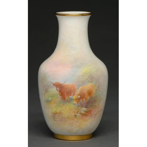 452 - A Royal Worcester vase, 1959, painted by H Stinton, signed, with highland cattle, 11.5cm h, black pr... 