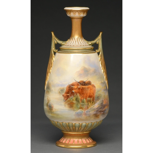 453 - A Royal Worcester vase, 1908, painted by John Stinton, signed, with highland cattle at a barn, a lan... 