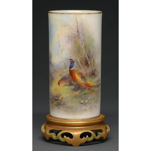 454 - A Royal Worcester spill vase, 1916, on pierced foot, painted by Jas Stinton, signed, with pheasants,... 