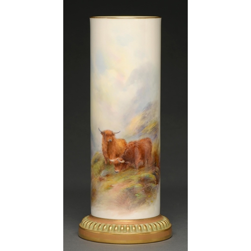 455 - A Royal Worcester spill vase, 1912, painted by H Stinton, signed, with highland cattle, 26cm h, puce... 