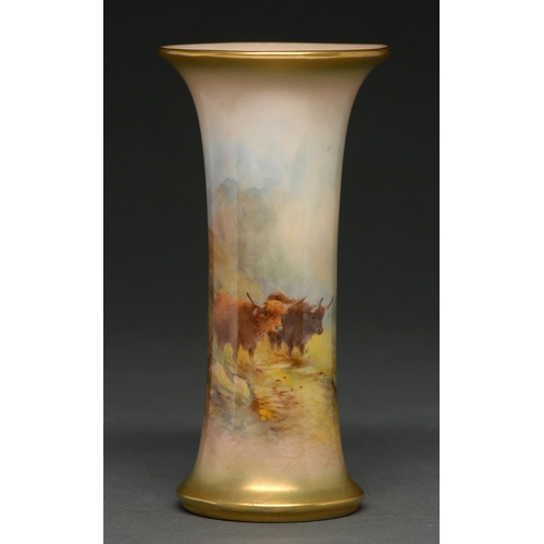 456 - A Royal Worcester spill vase, 1917, painted by H Stinton, signed, with highland cattle, 11.5cm h, gr... 