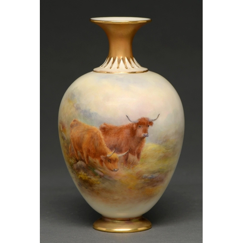 457 - A Royal Worcester vase, 1918, painted by H Stinton, signed, with highland cattle, 16.5cm h, puce pri... 