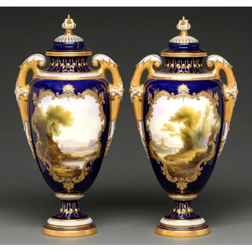 460 - A pair of Royal Worcester vases and covers, 1912, painted by H Davis, both signed, with landscapes i... 