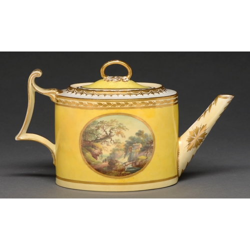 465 - A Derby yellow ground teapot and cover, c1797-1800, of straight sided oval shape, painted by George ... 