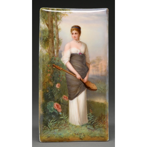 475 - A German porcelain plaque, probably Hutschenreuther, 1900, painted with Die Lautenspielerin after th... 