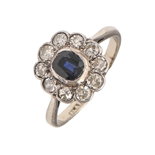 48 - A sapphire and diamond ring, c1930, platinum hoop marked PLAT 18C, 2.7g, size K