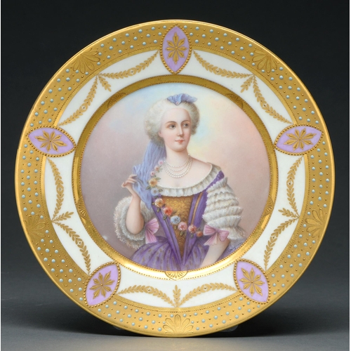 482 - A Vienna style plate, early 20th century, painted by Wagner, signed, after Jean Marc Nattier, with M... 