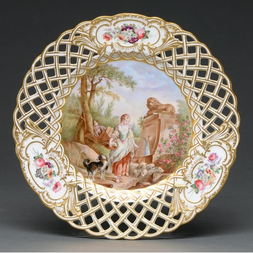 484 - A Derby decorated plate painted by James Rouse, 1877, with a pastoral scene, the gilt trellis border... 