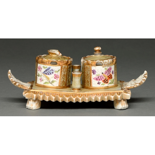 486 - A rare and early Mason's ironstone inkstand, c1820, painted with insects, reserved on a buff ground ... 