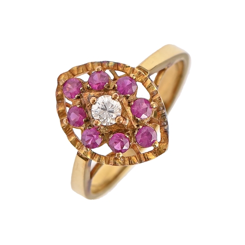 5 - A diamond and synthetic ruby ring, in gold, marked 585, 3.9g, size O