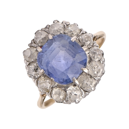 50 - A sapphire and diamond ring, the cushion shaped sapphire 8 x 8mm, in surround of old cut diamonds, g... 