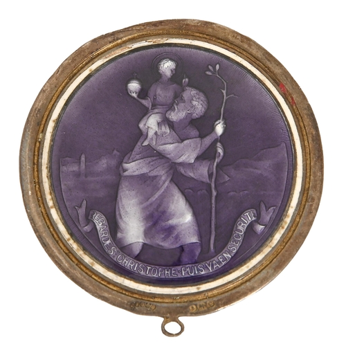 502 - A silver and translucent purple enamel pendant of St Christopher,  54mm diam, by J R Gaunt &... 