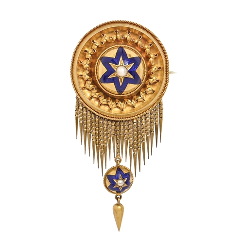 503 - A Victorian split pearl, gold and enamel brooch,  with conforming drop and fringe, 73mm, fitted... 