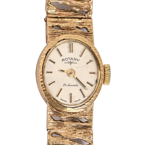 504 - A Rotary 9ct gold oval lady's wristwatch, 26mm, London 1972,  on bark textured 9ct gold bracelet, ma... 