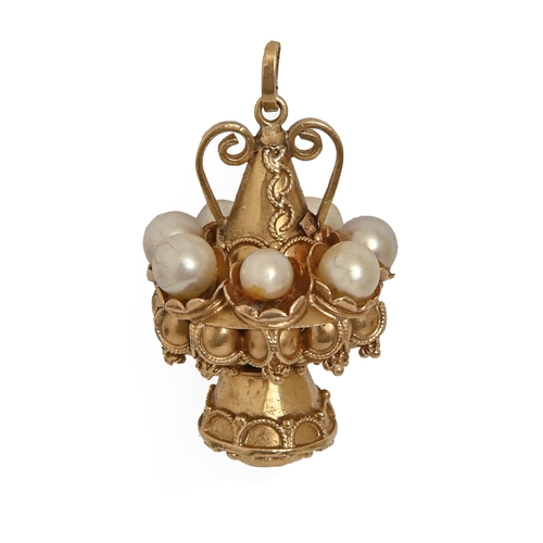 506 - A coral, cultured pearl and gold pendant, 20th c,  40mm h, 17.5g