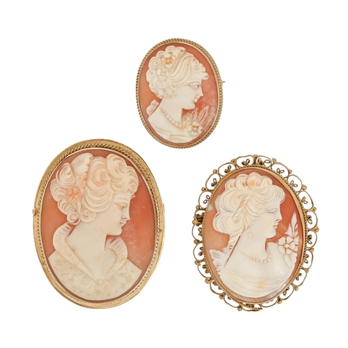 507 - Two cameo brooches, 20th c,  carved with the head of a lady and mounted in 9ct gold, 33 and 49m... 