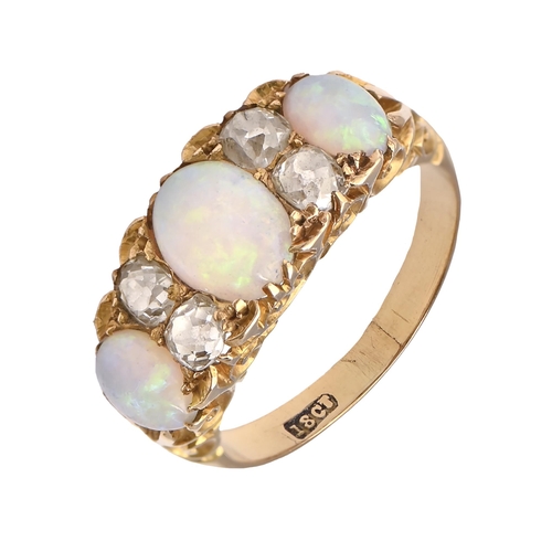 51 - An opal and diamond ring, early 20th c, the three opals divided by pairs of old cut diamonds, in gol... 