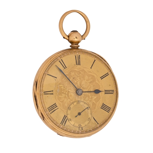 518 - A Victorian 18ct gold lever watch, P Parriss, Rugby, No 36554, with engraved dial and blued ste... 