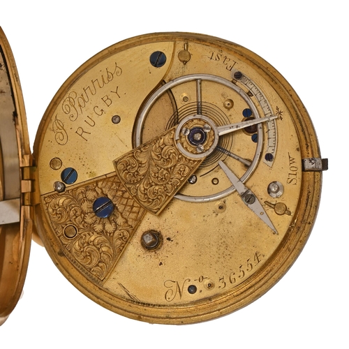 518 - A Victorian 18ct gold lever watch, P Parriss, Rugby, No 36554, with engraved dial and blued ste... 