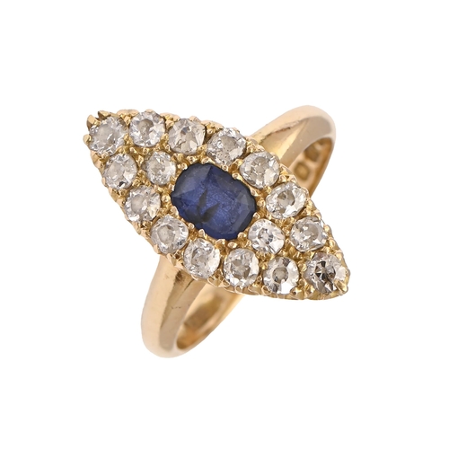 52 - A Victorian sapphire and diamond navette ring, with single cushion shaped sapphire and pave set old ... 