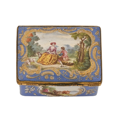 532 - A South Staffordshire enamel snuff box, c1780, with a shepherd and shepherdess, the sides with ... 