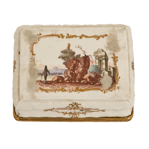 533 - A German porcelain snuff box, c1770,   of bombe form, the sides and underside painted with... 