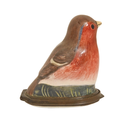 534 - A South Staffordshire enamel patch box in the form of a bird, late 18th c,  the lid painted wit... 