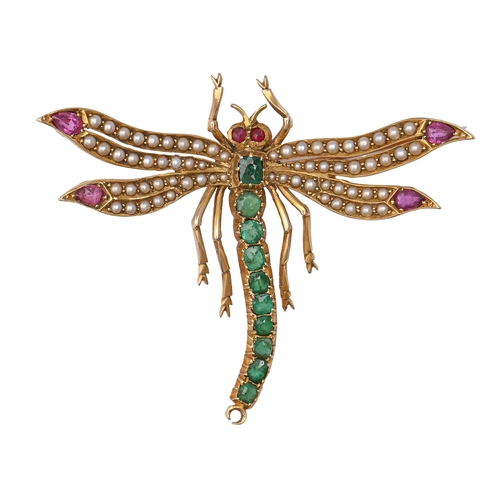 54 - An emerald, ruby and split pearl dragonfly brooch, in gold, 45 x 55mm, unmarked, 10g... 