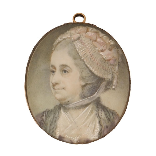 543 - English School, c1770 - Portrait miniature of a Lady, in a lace cap with pink ribbons and black lace... 