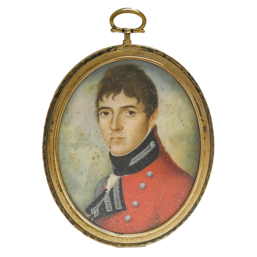 546 - English School, early 19th century - Portrait miniature of an Officer,  in scarlet tunic with black ... 