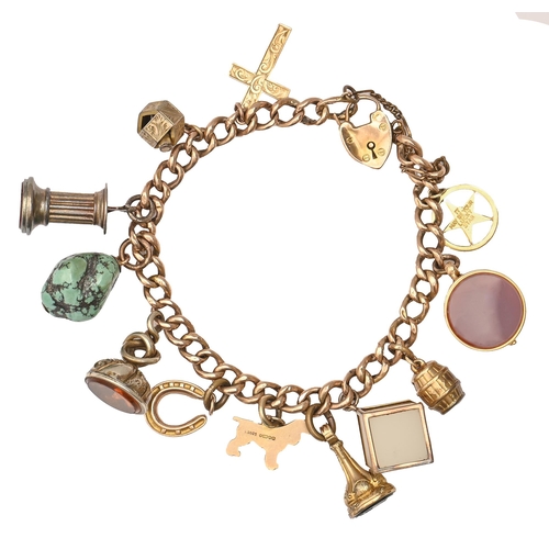 59 - A gold charm bracelet, with a collection of gold and other charms and fob seals, 19th c and later, 2... 