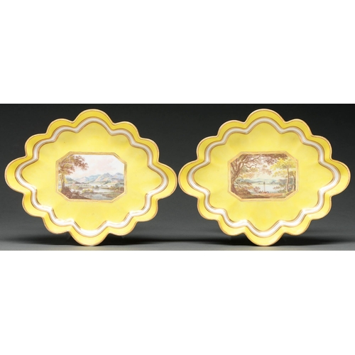 591 - A pair of Derby yellow ground fluted lozenge shape dessert dishes, c 1795, painted by George Roberts... 