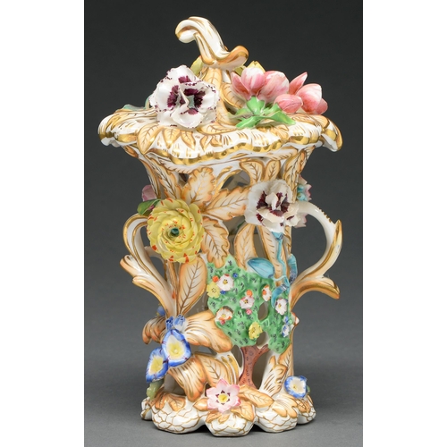 594 - A Bloor Derby frill vase and cover, c 1825, modelled as a profusion of scrolling leaves and applied ... 