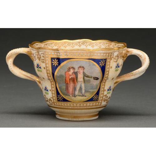 595 - A Derby ogee chocolate cup, c 1805, painted in the manner of William Corden with peasants in two cir... 