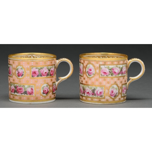 600 - Two Derby coffee cans, c 1795, painted in the manner of William Billinglsey with reserves of pink ca... 