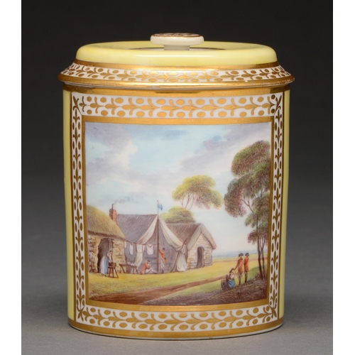 604 - A Derby yellow ground cabinet chocolate cup and cover, c 1796-1800, painted by John Brewer with Brit... 