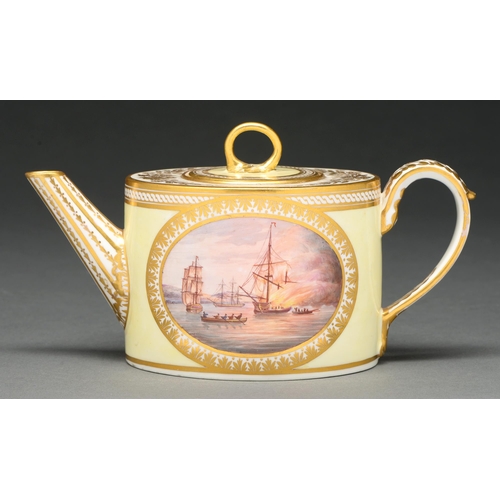 606 - A Derby yellow ground oval cabaret teapot and cover, c 1798-99, painted by George Robertson with mar... 