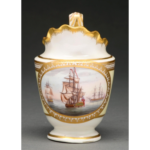 607 - A Derby yellow ground cabaret cream jug, c 1798-99, painted by George Robertson with British men-of-... 