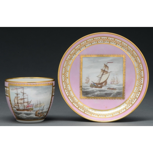 608 - A Derby bloom ground Bute shaped teacup and saucer, c 1798-99, painted by George Robertson with a Br... 