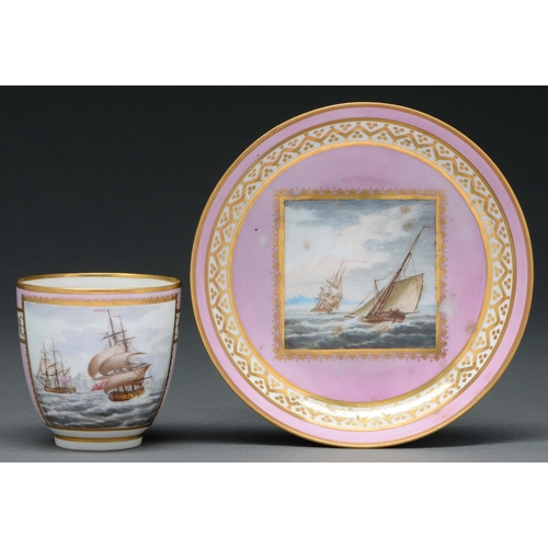 609 - A Derby bloom ground coffee cup, c 1798-99, painted by George Robertson with British men-of-war off ... 