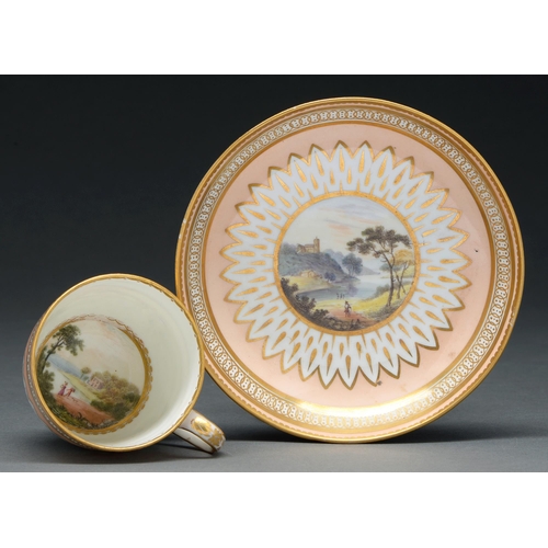 610 - A Derby coffee cup, c 1790, painted by Zachariah Boreman with picturesque landscapes, gilt Vandyke g... 