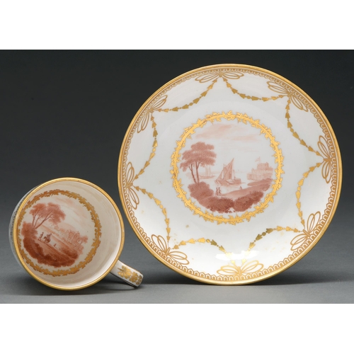 613 - A Derby caudle cup and saucer, c 1785, painted by Zachariah Boreman with Italianate landscapes in se... 